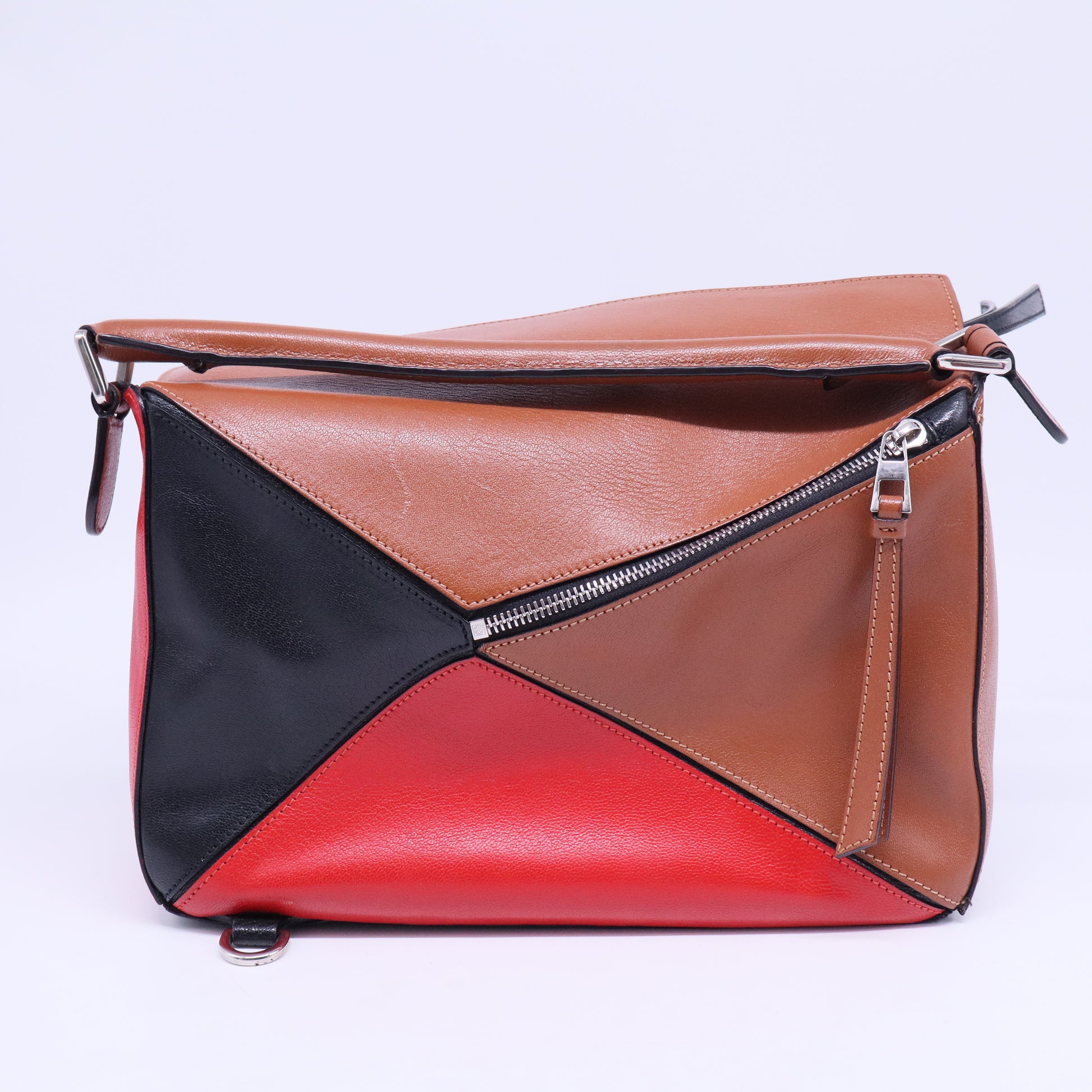 Calfskin Colorblock Medium Puzzle Bag Tan Red Black B20423