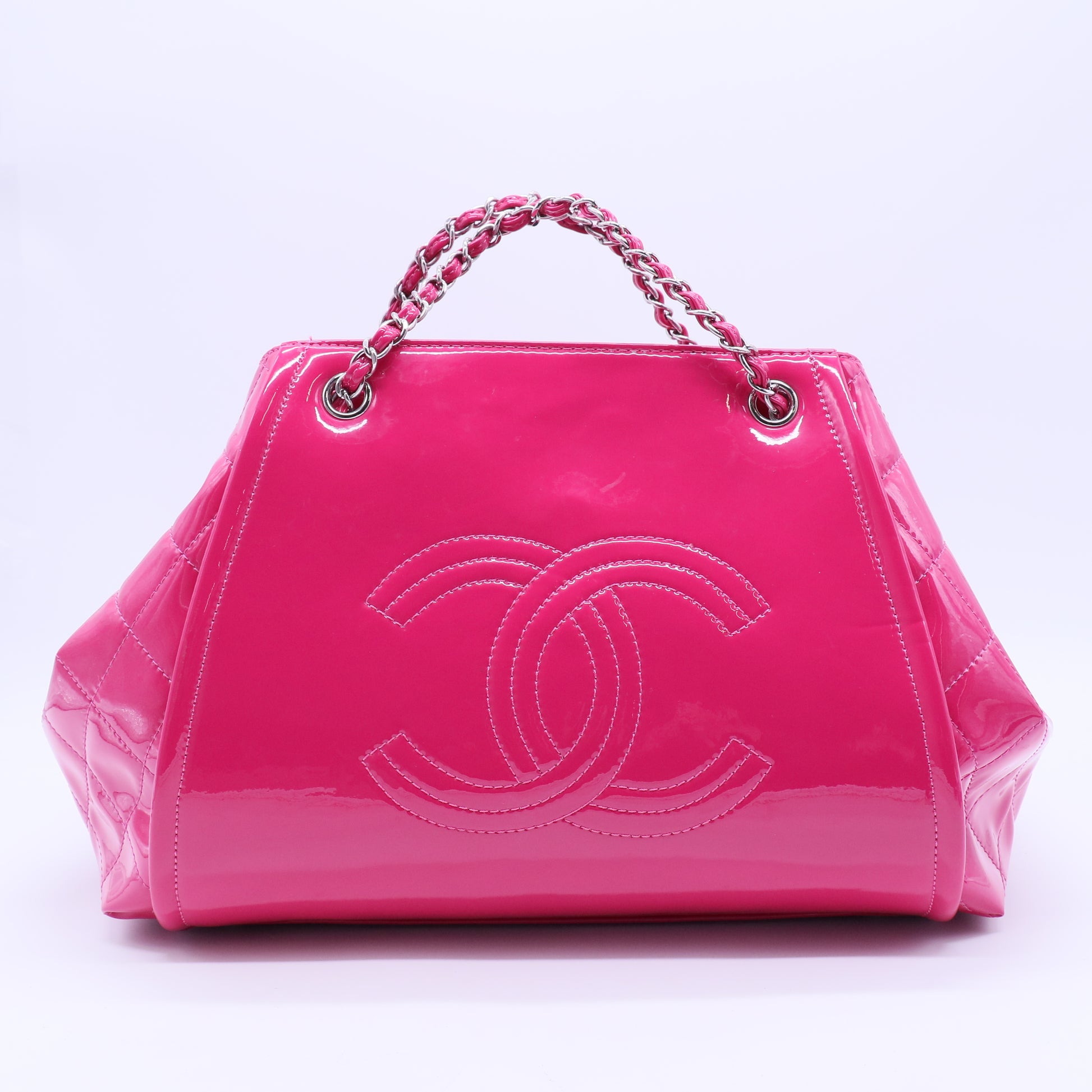 CHANEL Pink CC Patent Leather Lipstick Ligne big Accordion Shoulder Bag Twins