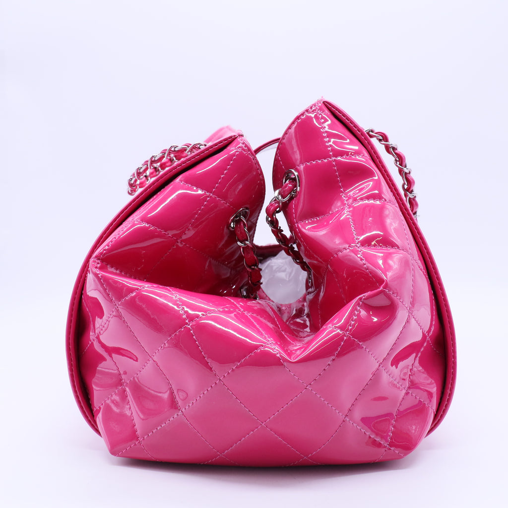 CHANEL Pink CC Patent Leather Lipstick Ligne big Accordion Shoulder Bag Twins