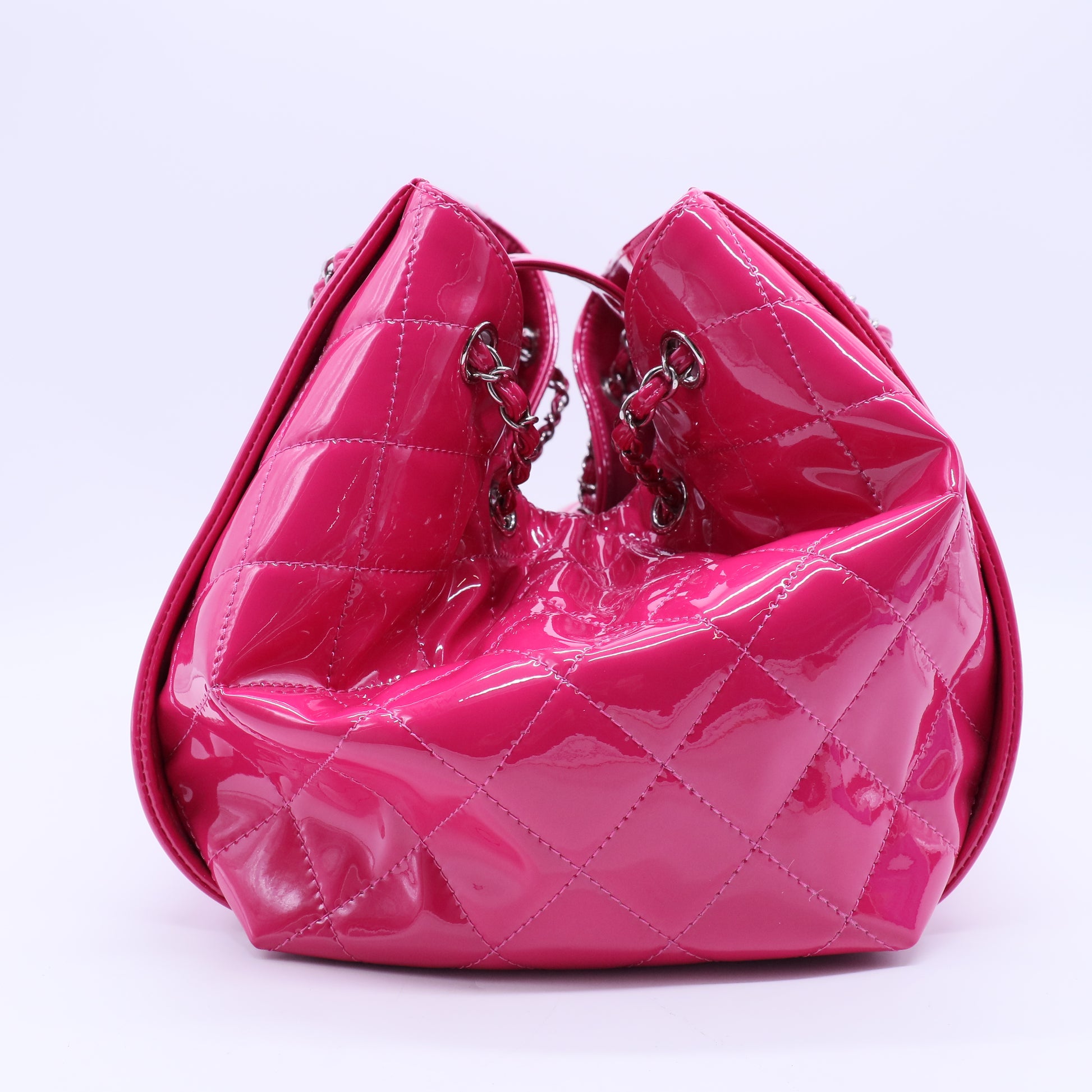 CHANEL Pink CC Patent Leather Lipstick Ligne big Accordion Shoulder Bag Twins