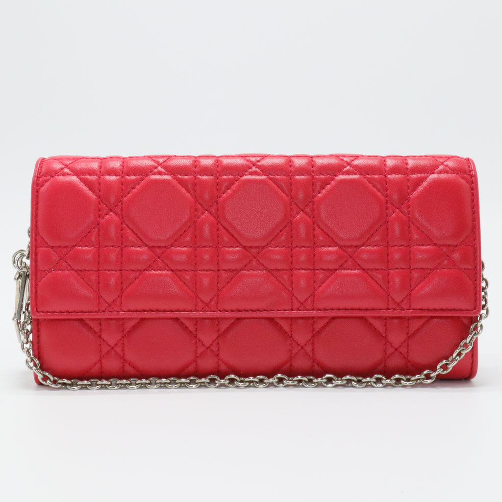 Red Cannage Leather Lady Dior Wallet On Chain