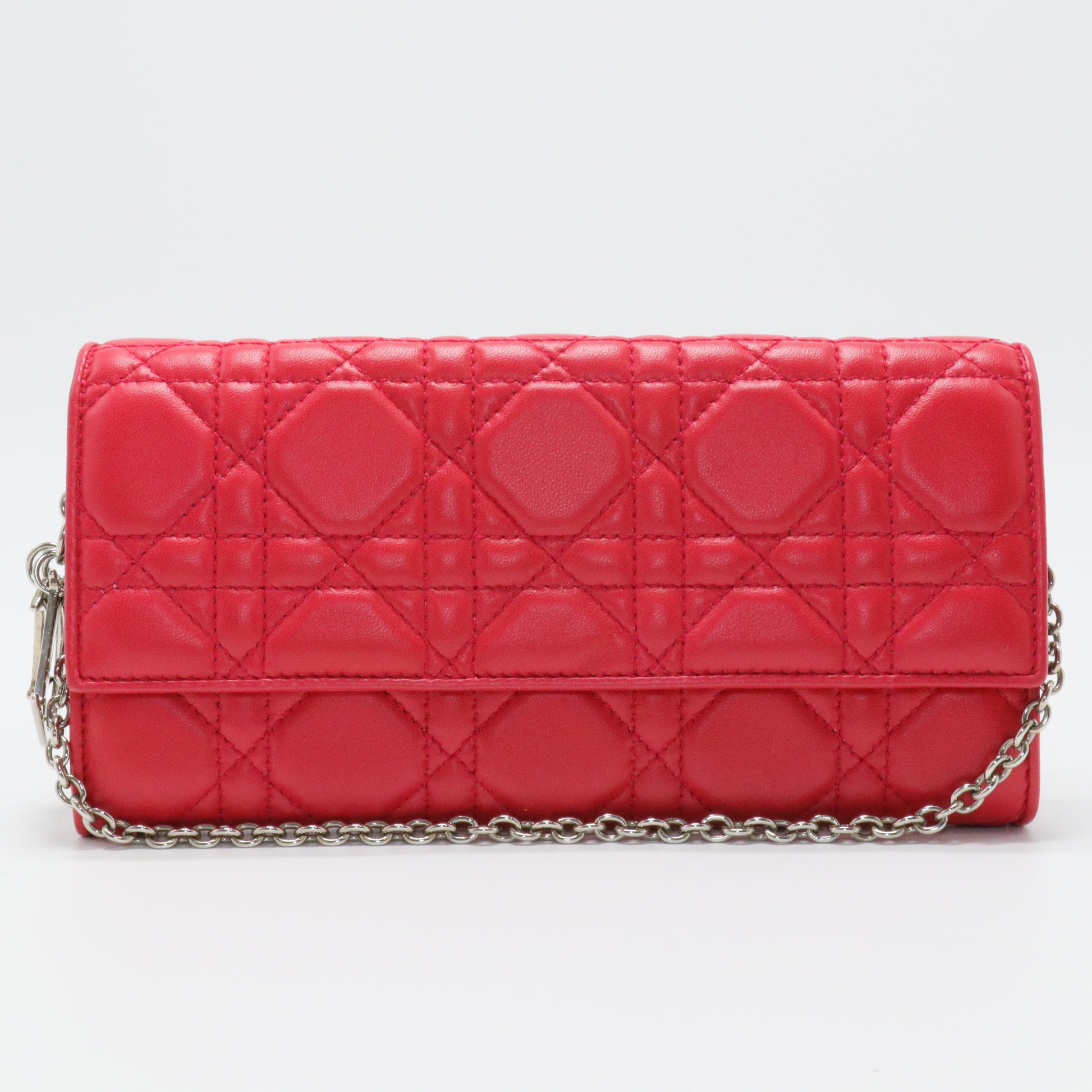 Red Cannage Leather Lady Dior Wallet On Chain