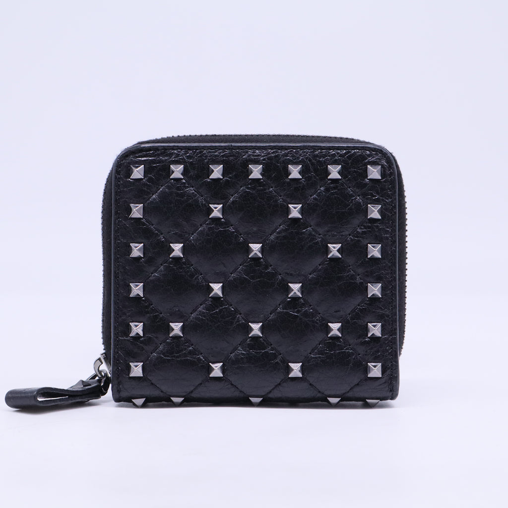 Craquele Nappa Rockstud Spike Compact Zip Around Wallet Black W20647