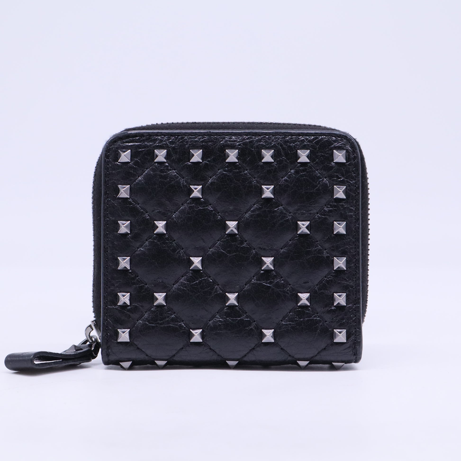 Craquele Nappa Rockstud Spike Compact Zip Around Wallet Black W20647