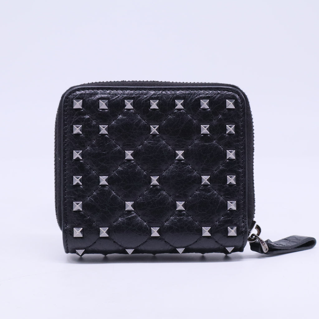 Craquele Nappa Rockstud Spike Compact Zip Around Wallet Black W20647