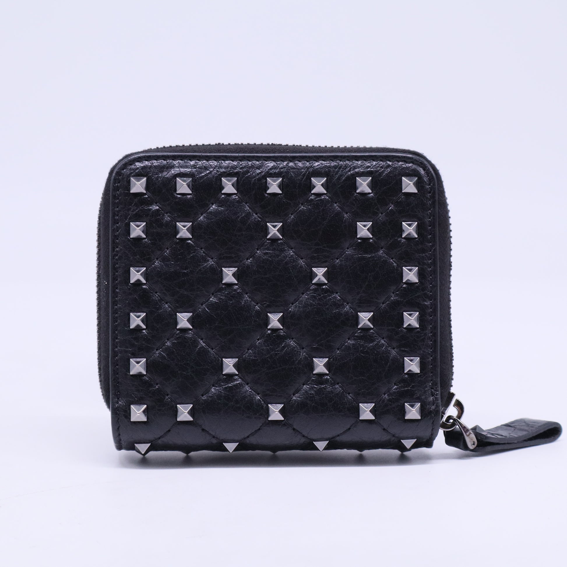 Craquele Nappa Rockstud Spike Compact Zip Around Wallet Black W20647