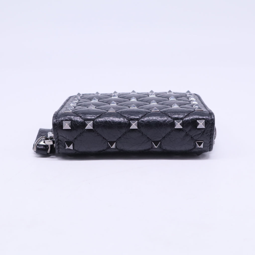 Craquele Nappa Rockstud Spike Compact Zip Around Wallet Black W20647