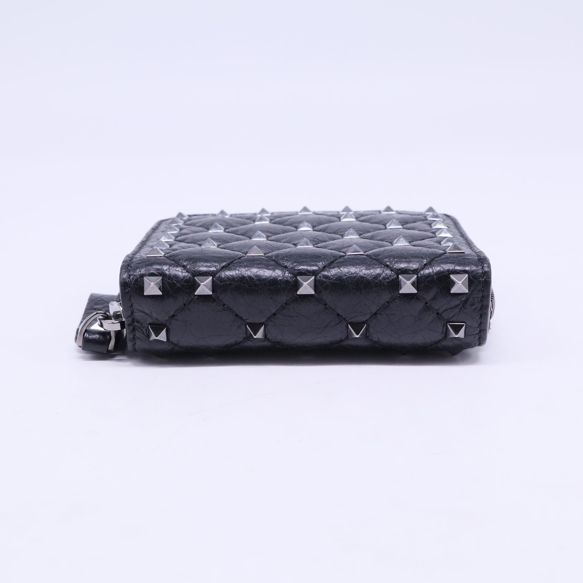 Craquele Nappa Rockstud Spike Compact Zip Around Wallet Black W20647
