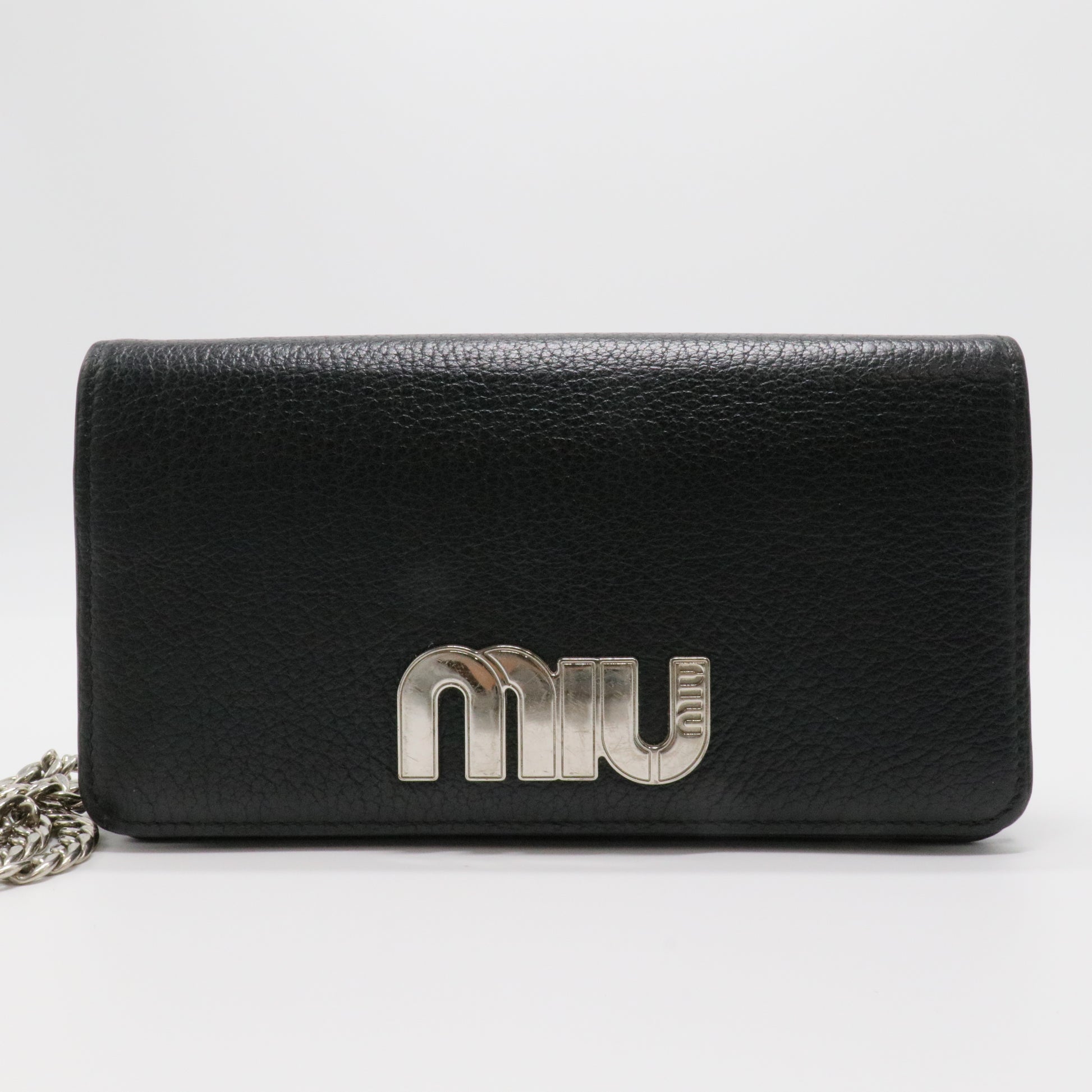 Black Leather Logo Flap Wallet on Chain