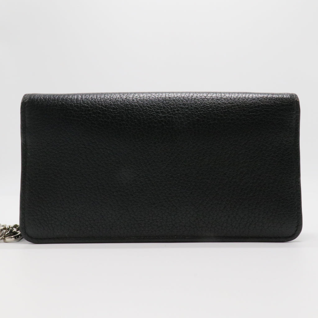 Black Leather Logo Flap Wallet on Chain