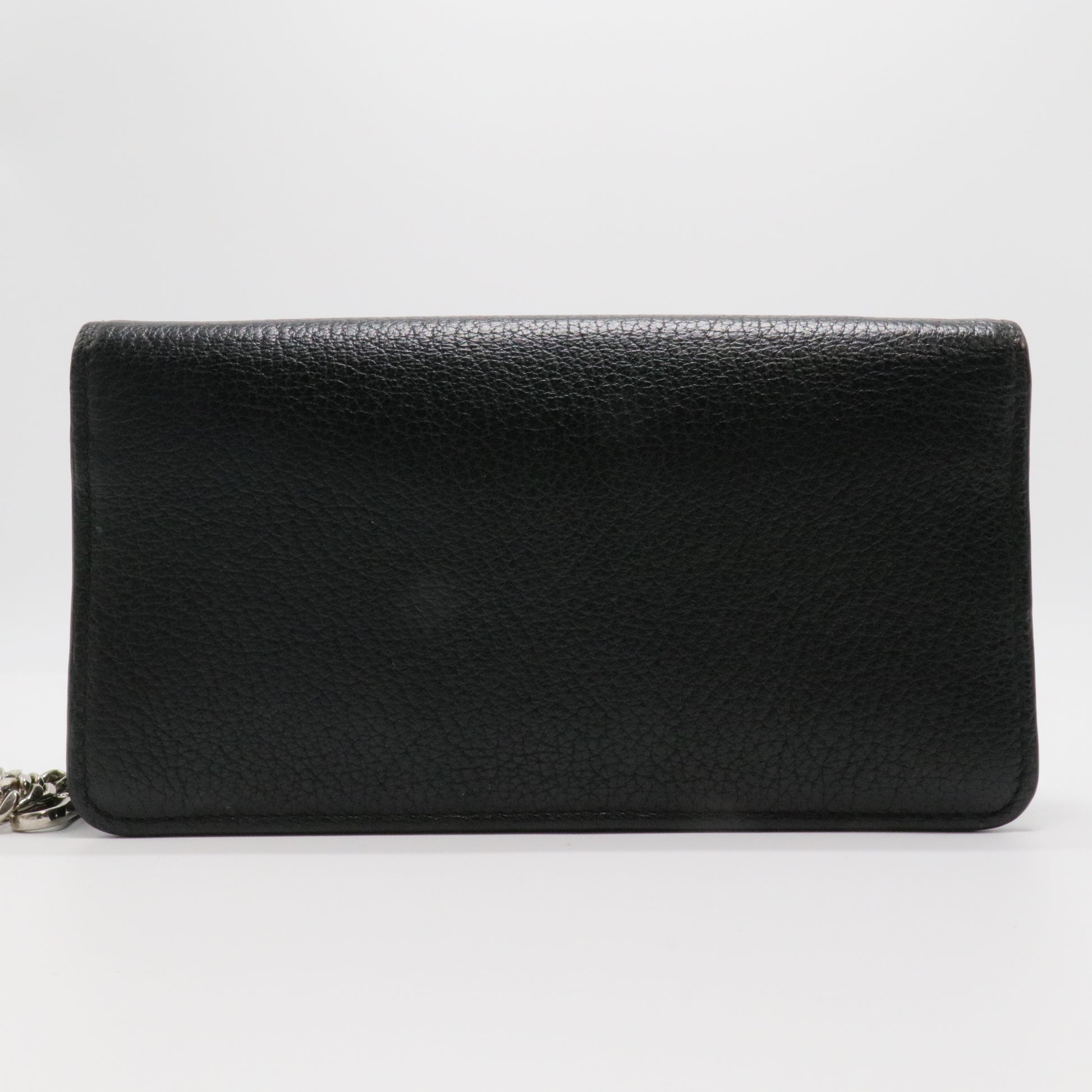 Black Leather Logo Flap Wallet on Chain