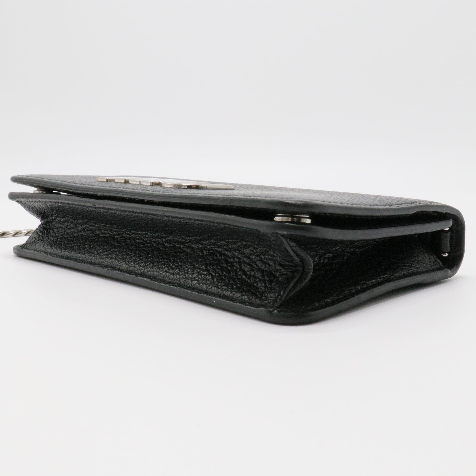 Black Leather Logo Flap Wallet on Chain