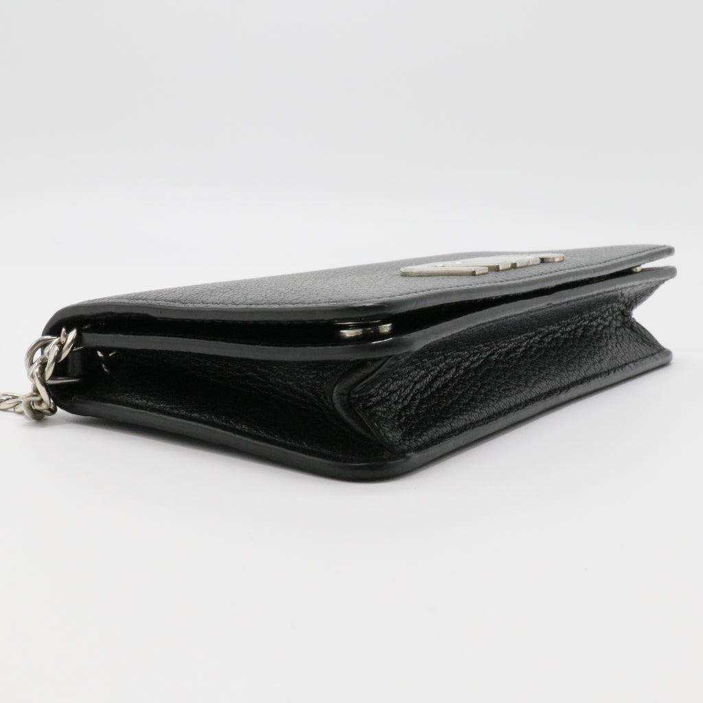 Black Leather Logo Flap Wallet on Chain
