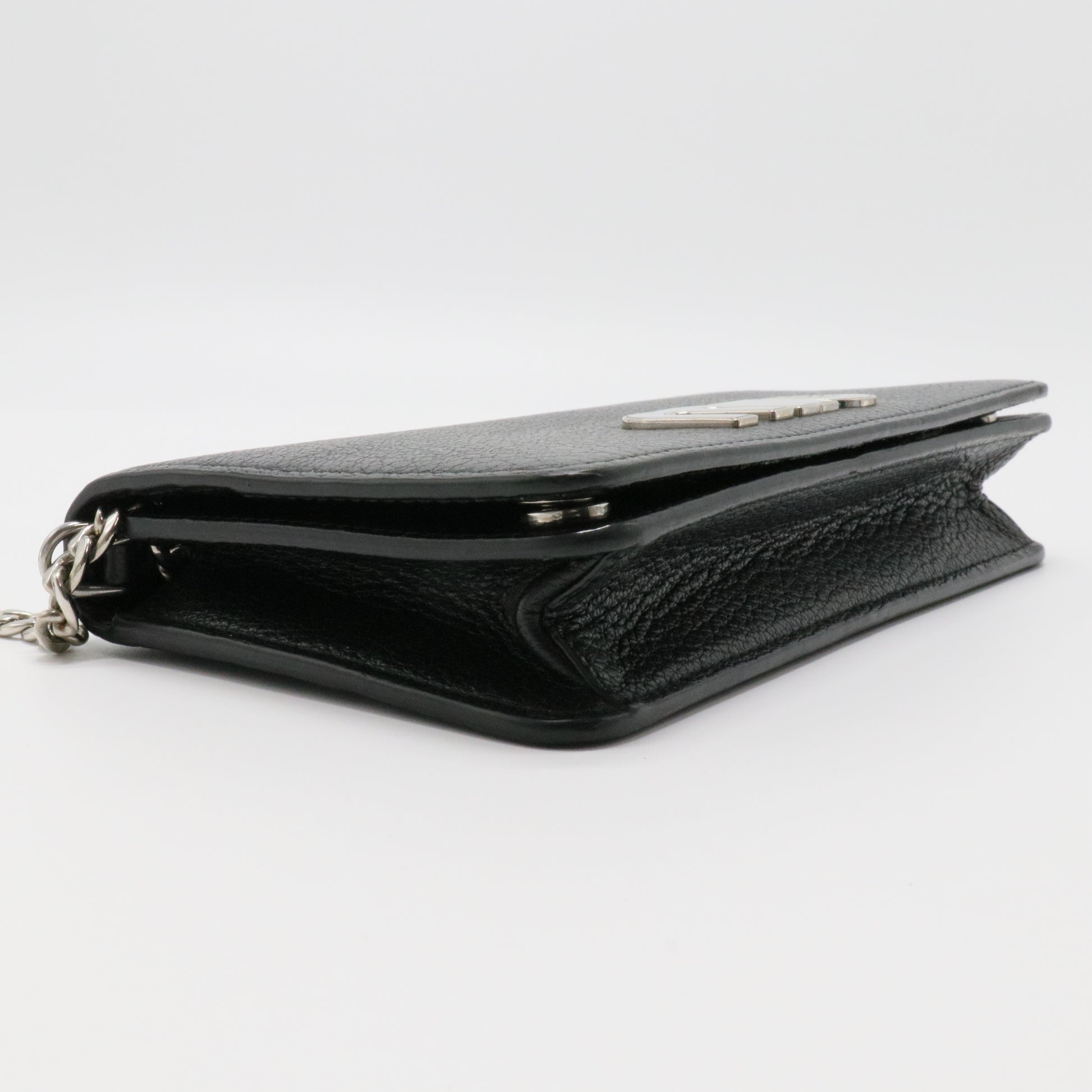 Black Leather Logo Flap Wallet on Chain