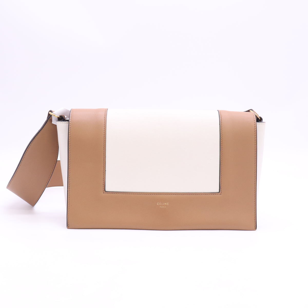 Celine Shiny Smooth Calfskin Medium Frame Shoulder Bag Tan Optic White Twins B24704