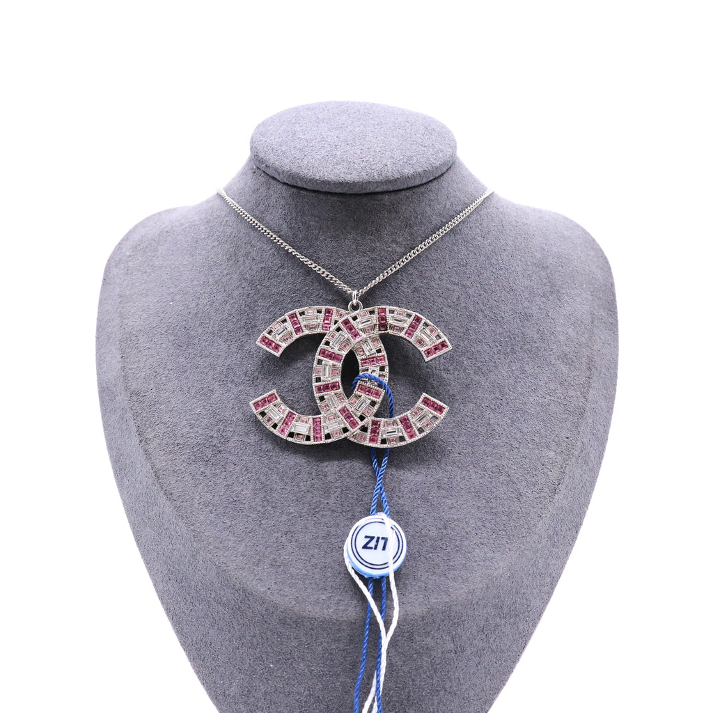 Chanel Silver CC Pink Baguette Crystal Large Pendant Necklace twins