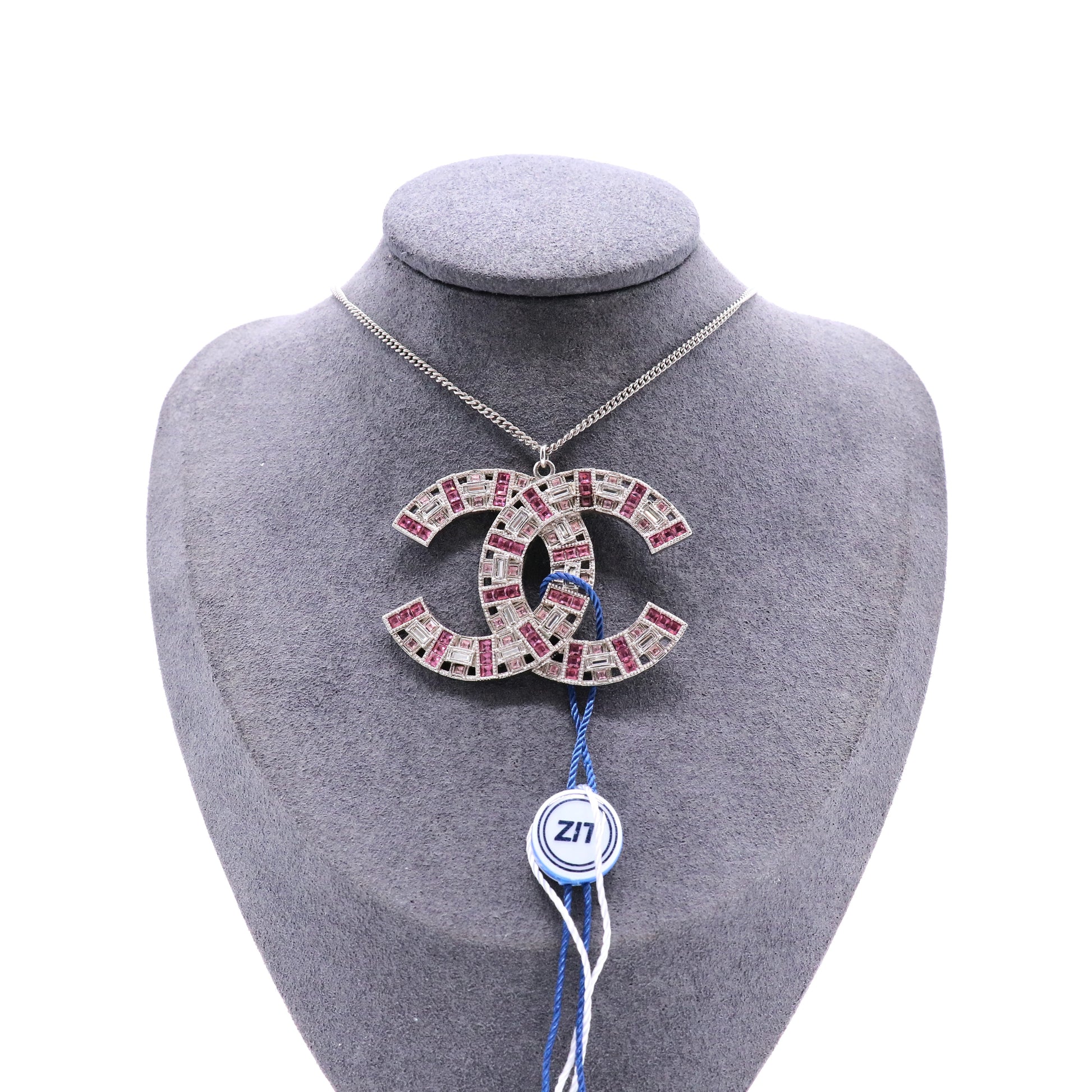 Chanel Silver CC Pink Baguette Crystal Large Pendant Necklace twins