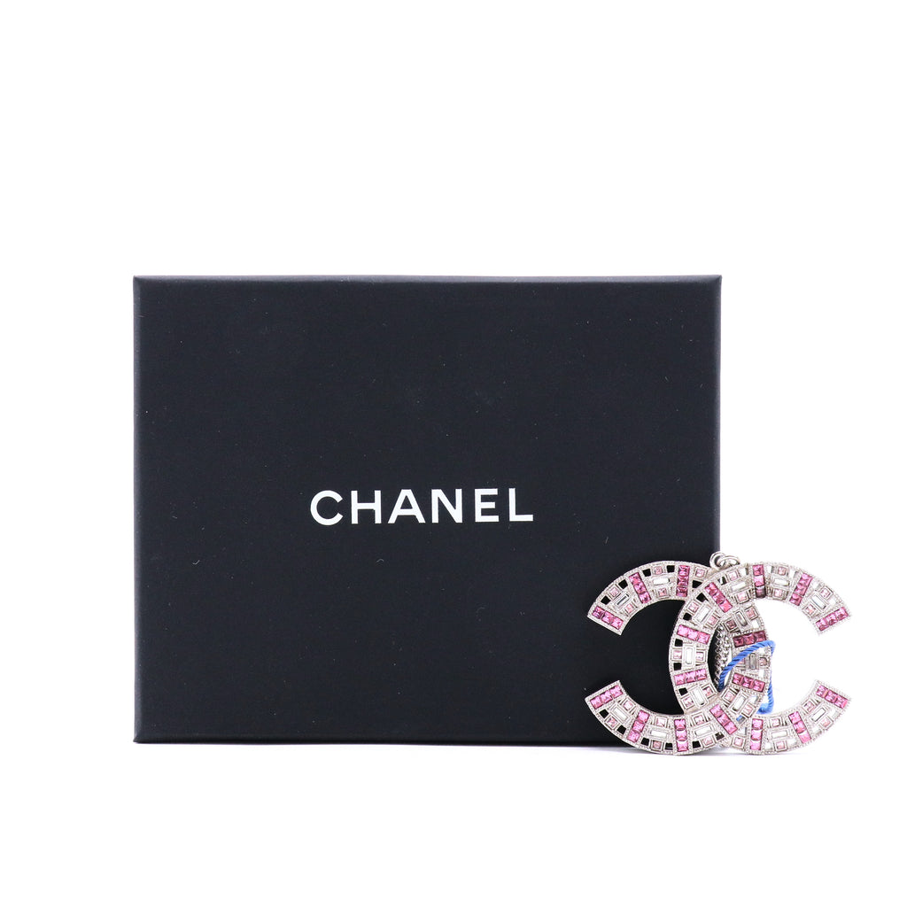 Chanel Silver CC Pink Baguette Crystal Large Pendant Necklace twins