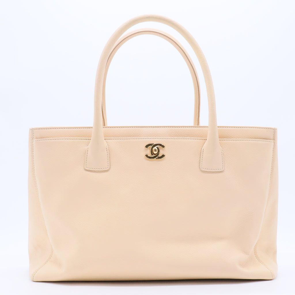 Light Beige Pebbled Leather Cerf Shopping Tote Bag