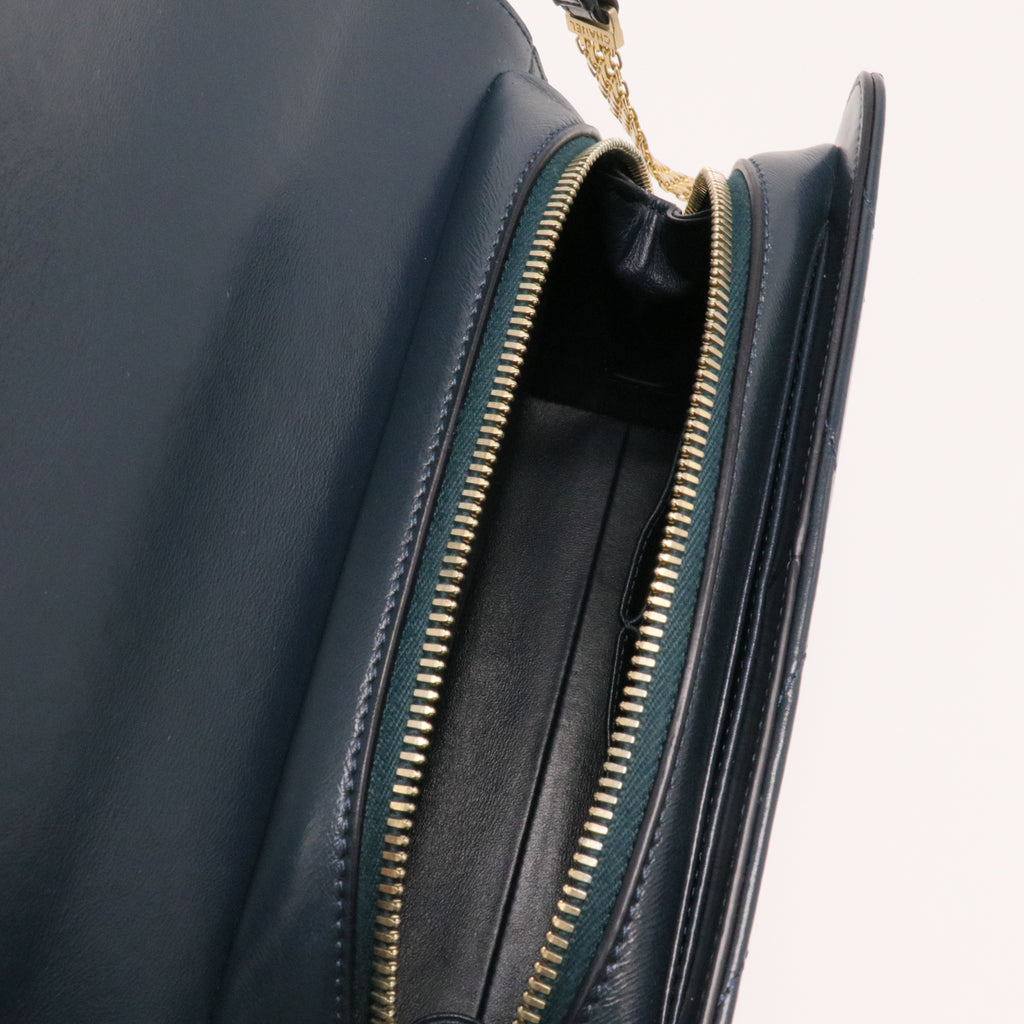 Calfskin Chevron Quilted Medal Flap Black