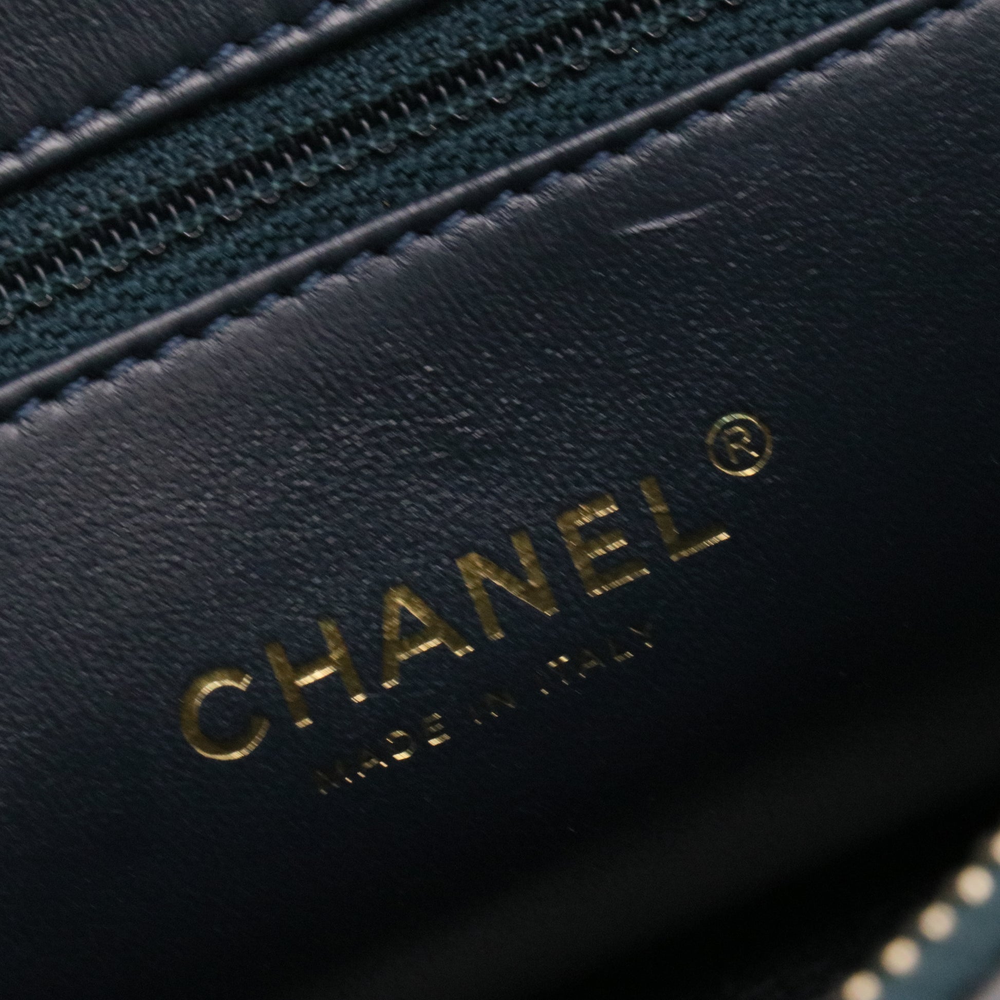 Calfskin Chevron Quilted Medal Flap Black