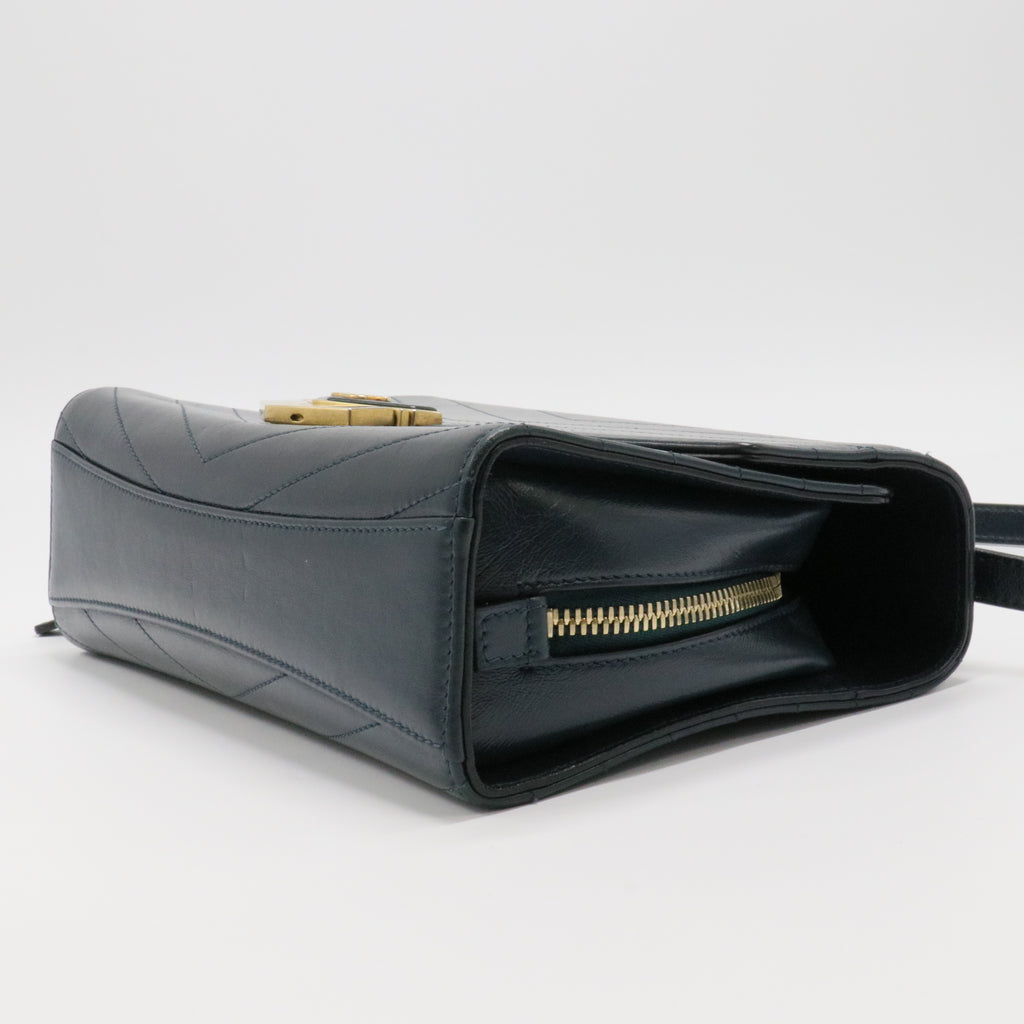 Calfskin Chevron Quilted Medal Flap Black