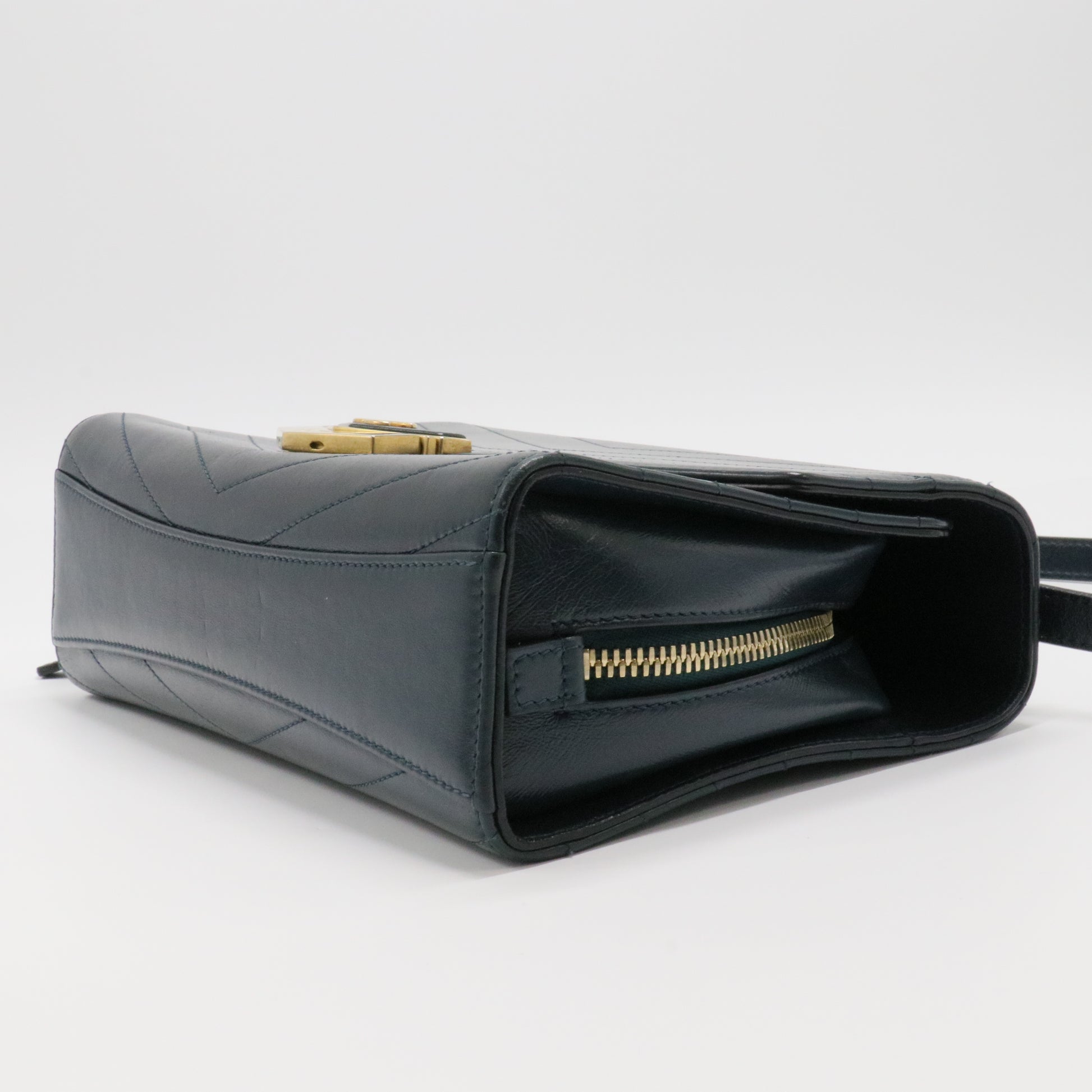 Calfskin Chevron Quilted Medal Flap Black