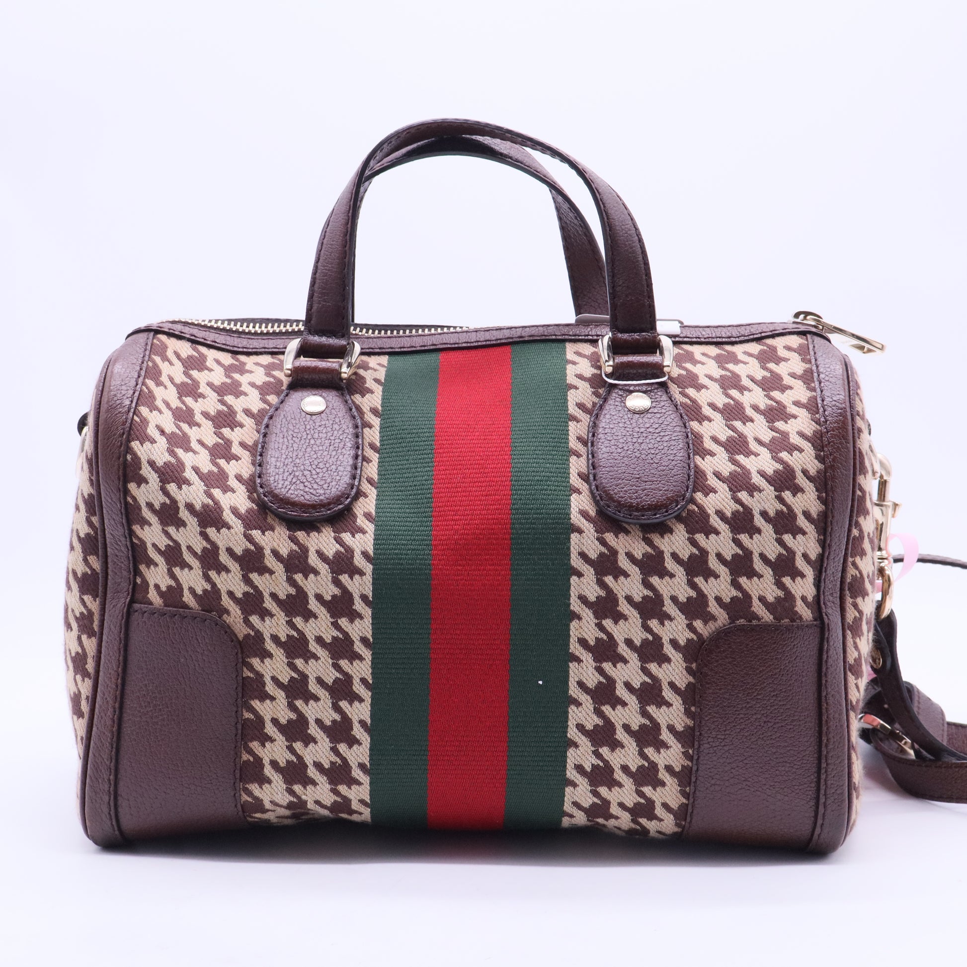 Special Edition Brown Pied-de-Poule Fabric 'Seventies' Web Joy Boston Bag w/ Shoulder Strap Twins LDJ2626