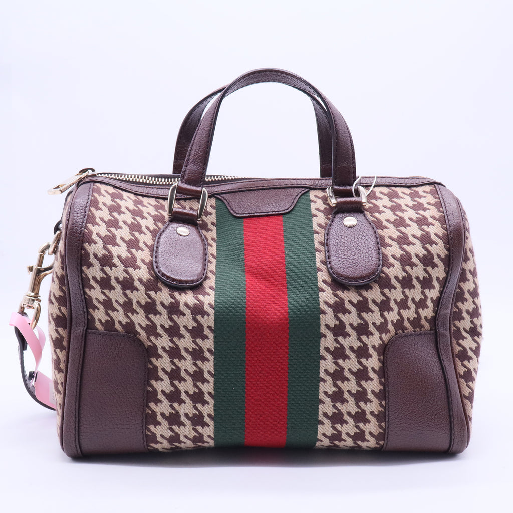 Special Edition Brown Pied-de-Poule Fabric 'Seventies' Web Joy Boston Bag w/ Shoulder Strap Twins LDJ2626
