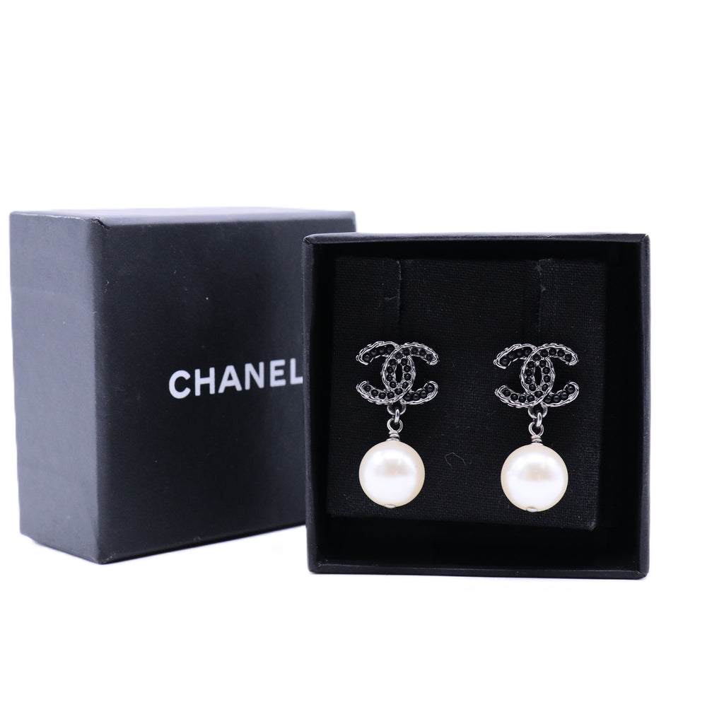 CC Logo Black Crystal Pearl Drop Earrings