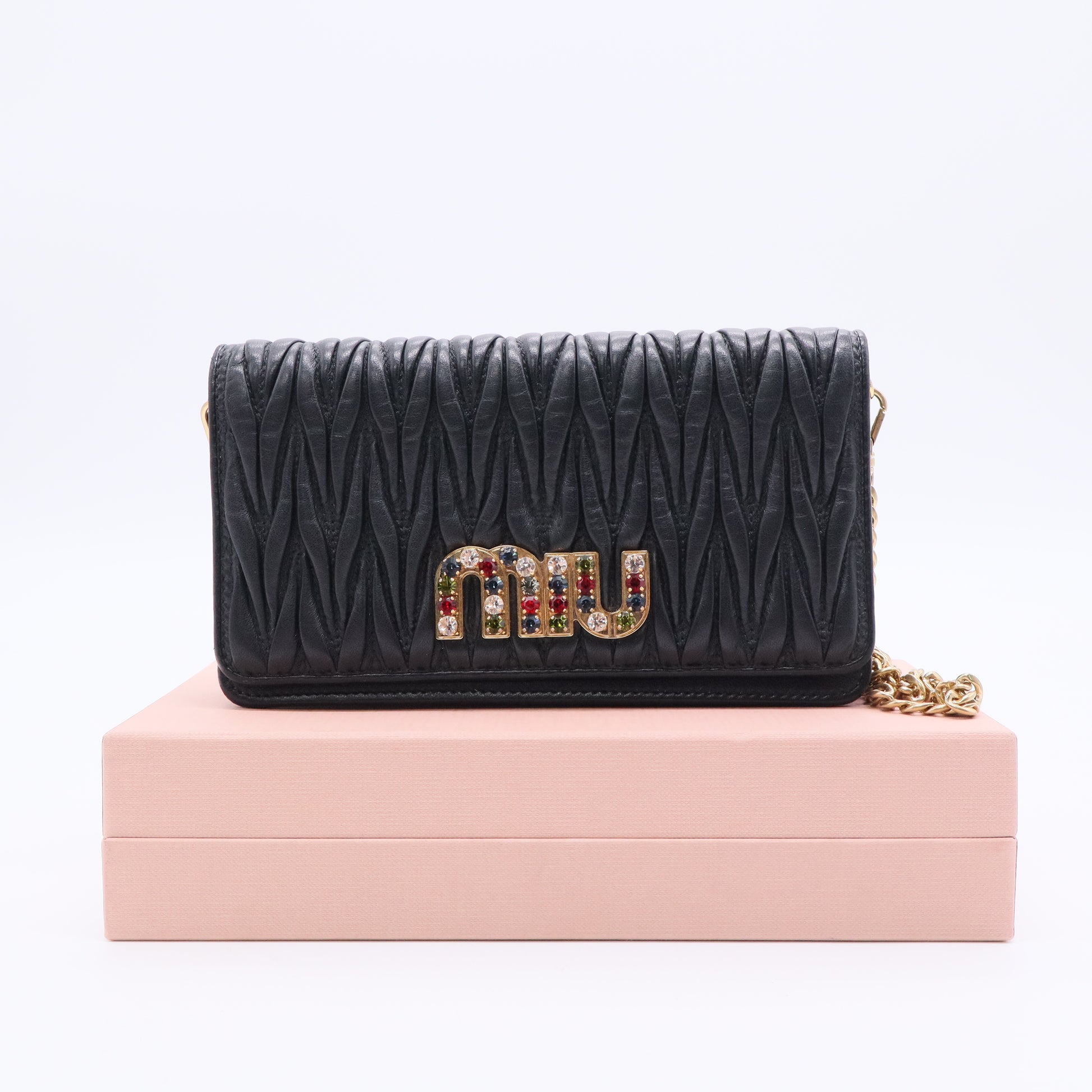 Nappa Matelasse Crystal Miu Card Case Black twins ldj3427