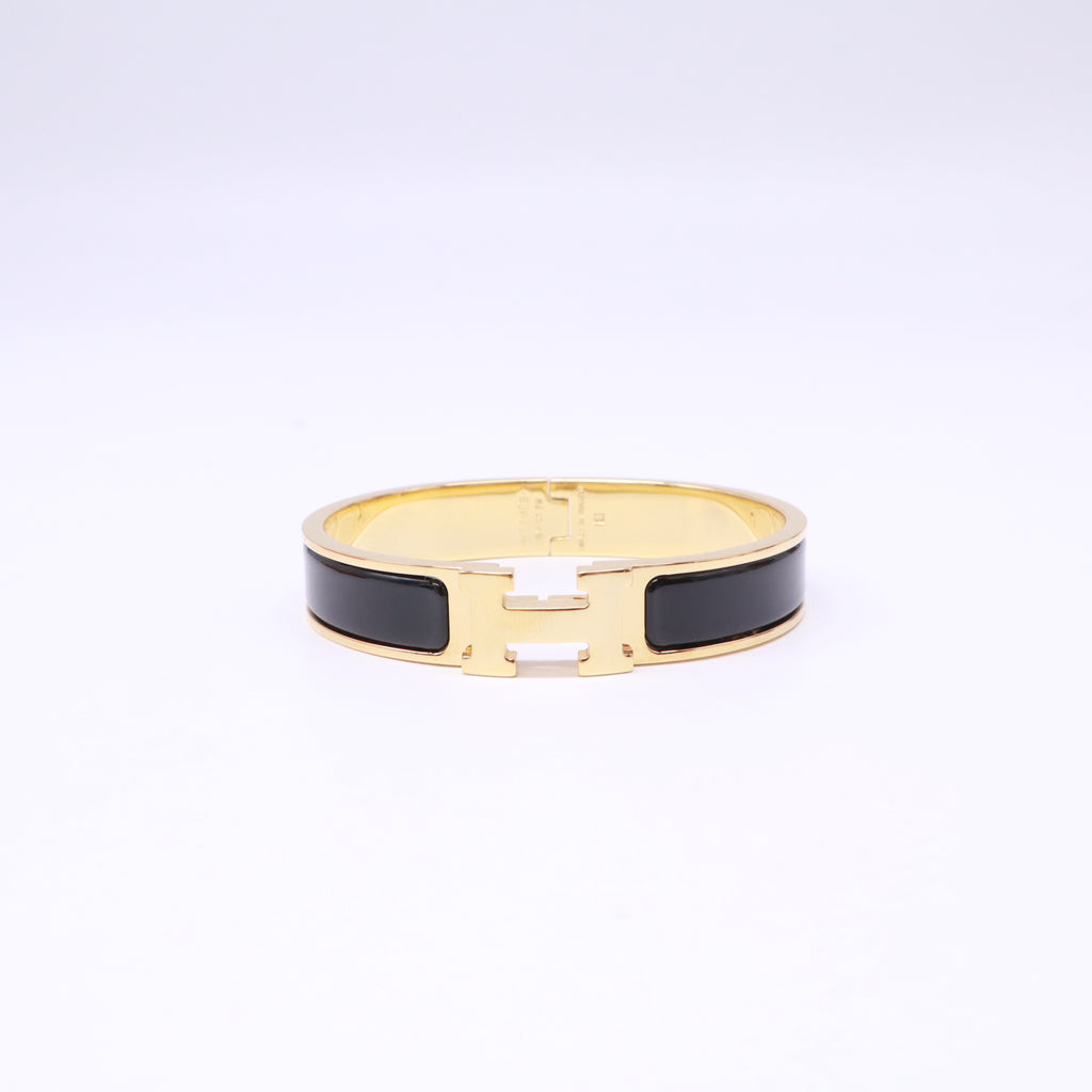 Black Enamel Gold Plated Clic H GM Narrow Bracelet W22843