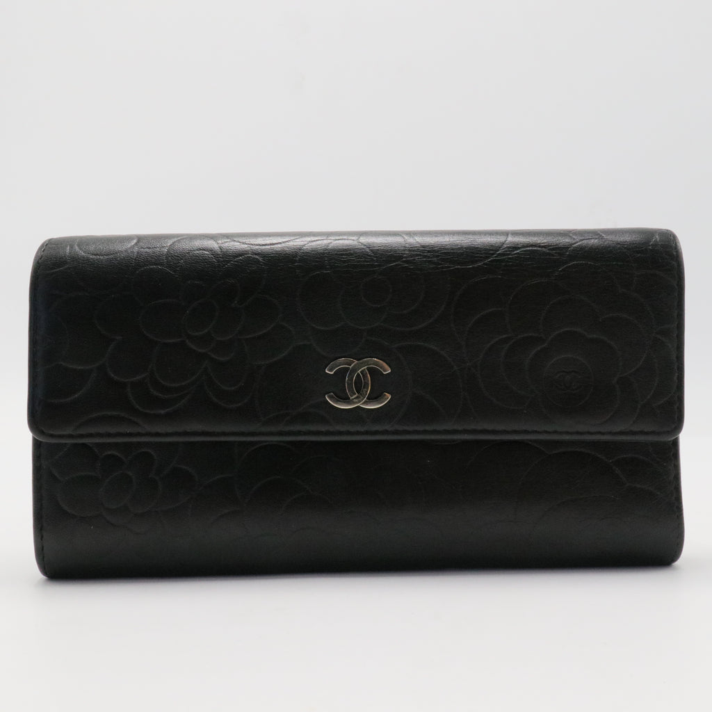 Lambskin Camellia Embossed Large Flap Wallet Black