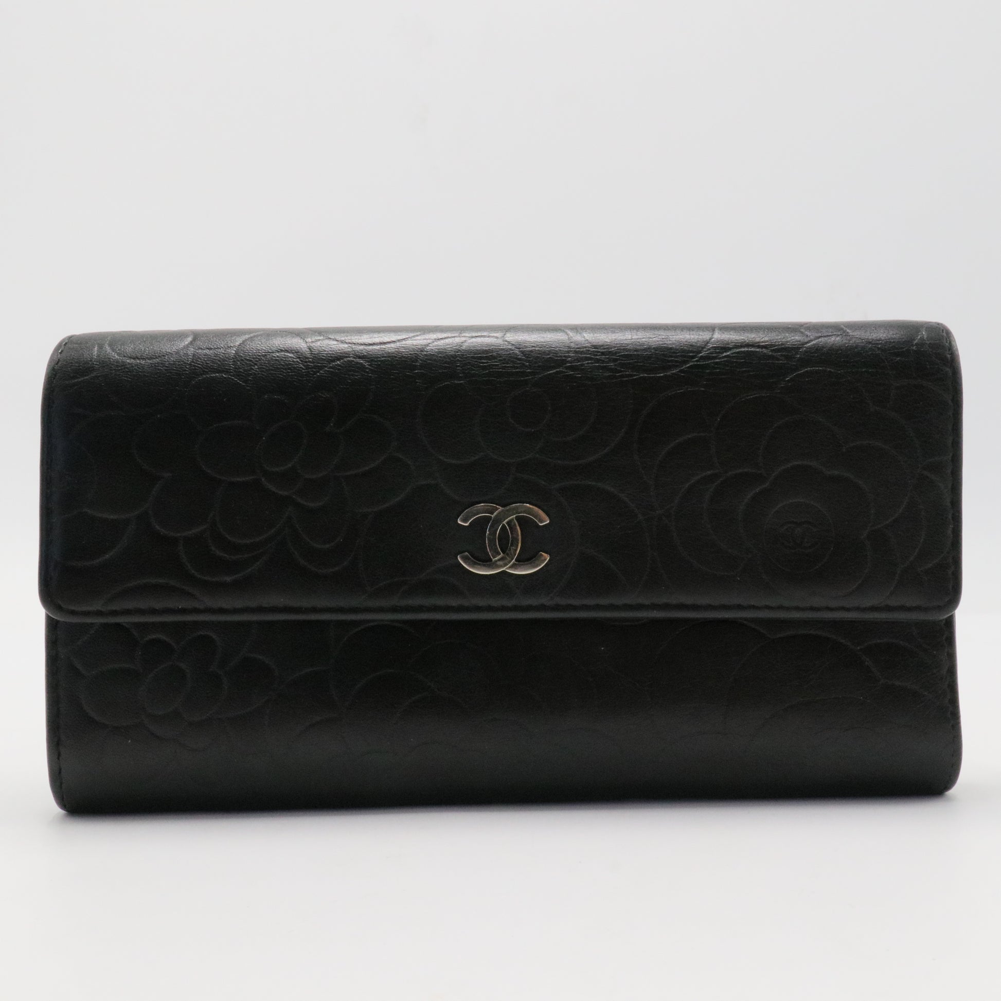 Lambskin Camellia Embossed Large Flap Wallet Black