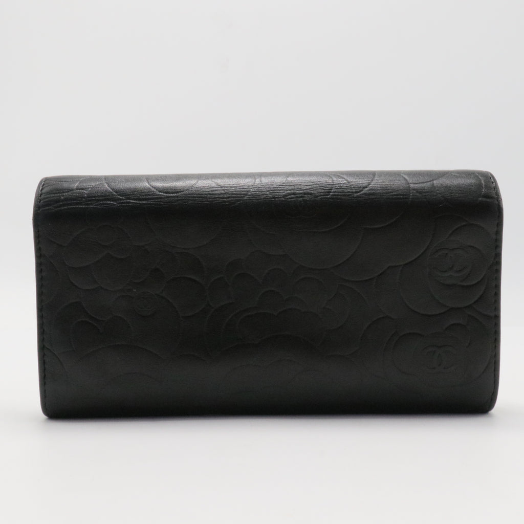 Lambskin Camellia Embossed Large Flap Wallet Black