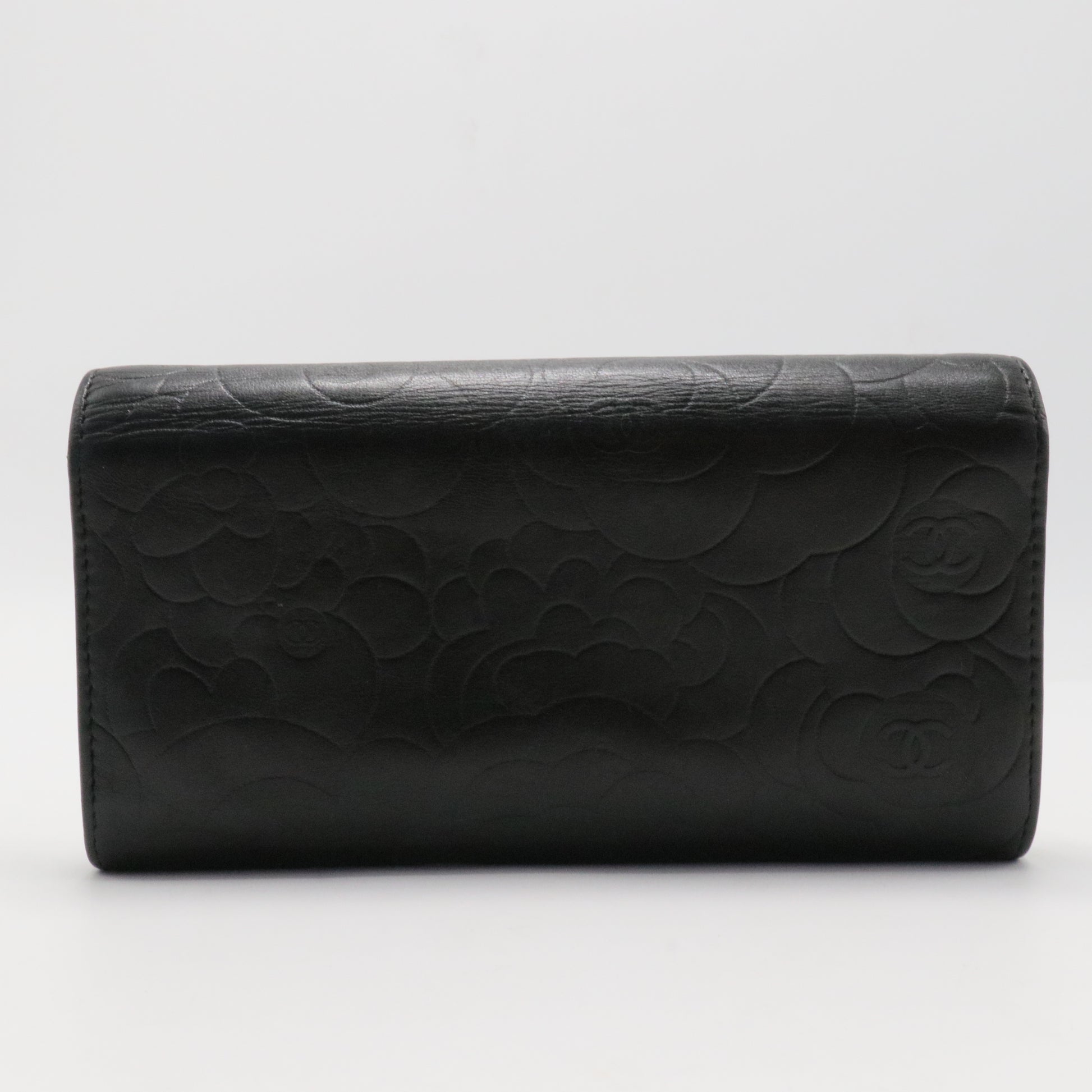 Lambskin Camellia Embossed Large Flap Wallet Black