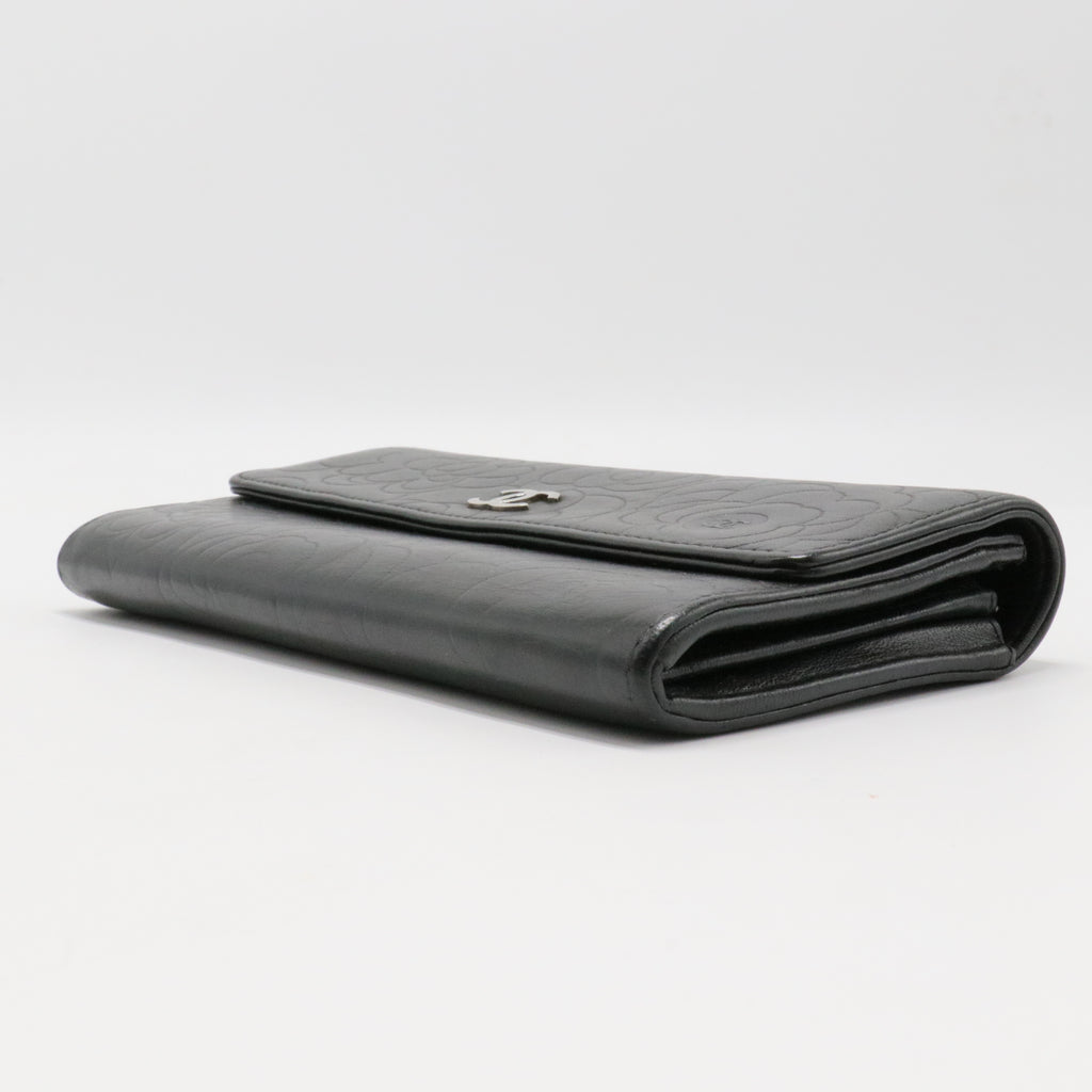Lambskin Camellia Embossed Large Flap Wallet Black