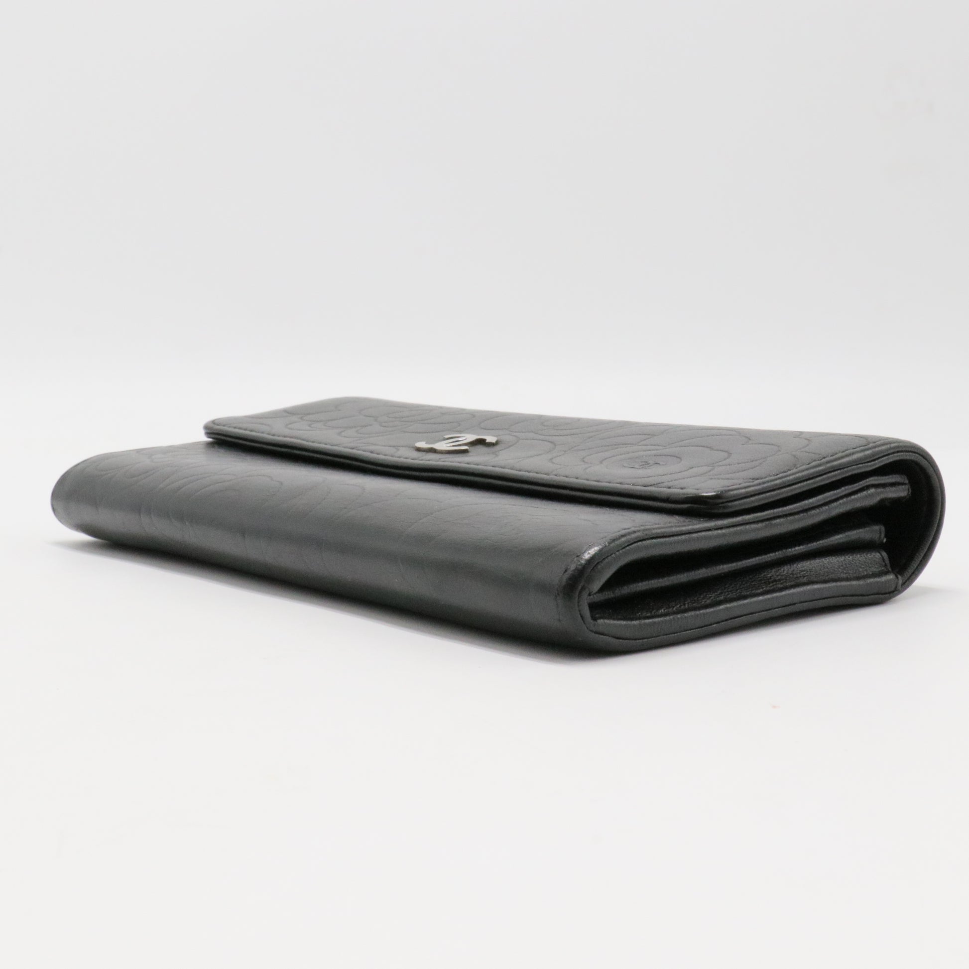 Lambskin Camellia Embossed Large Flap Wallet Black