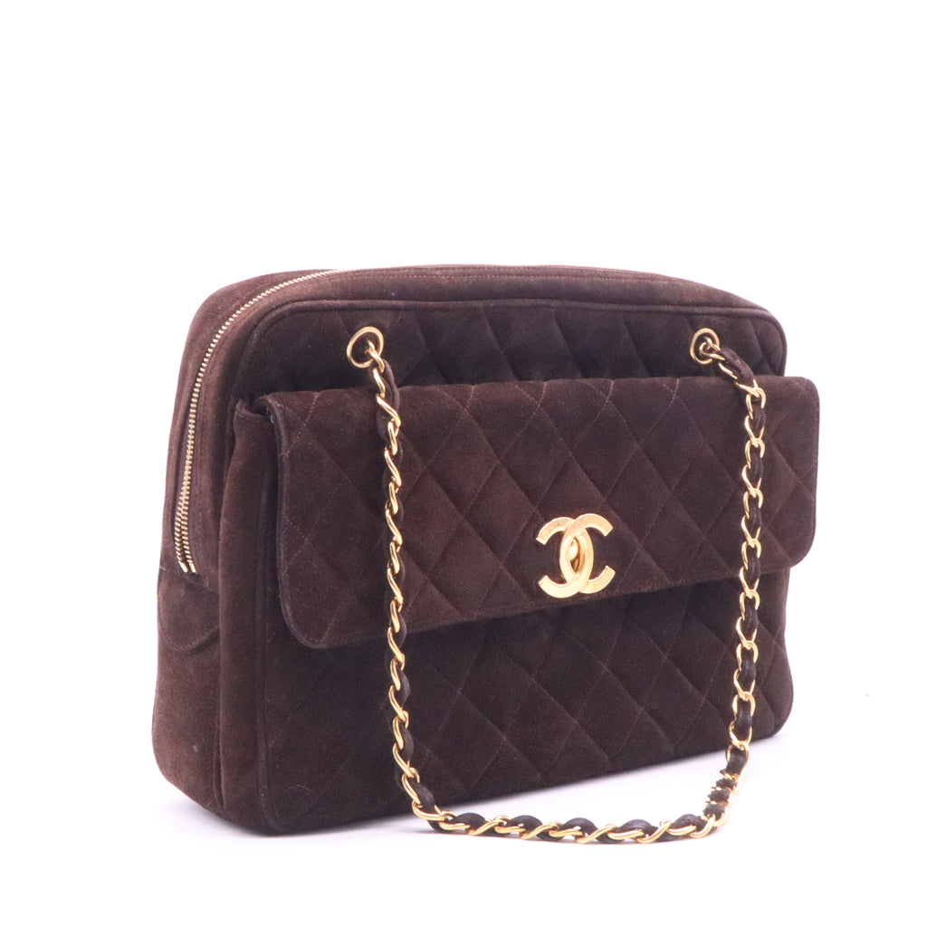 Chanel Vintage Front Pocket Camera Bag Quilted Suede Large Twins LDJ3981