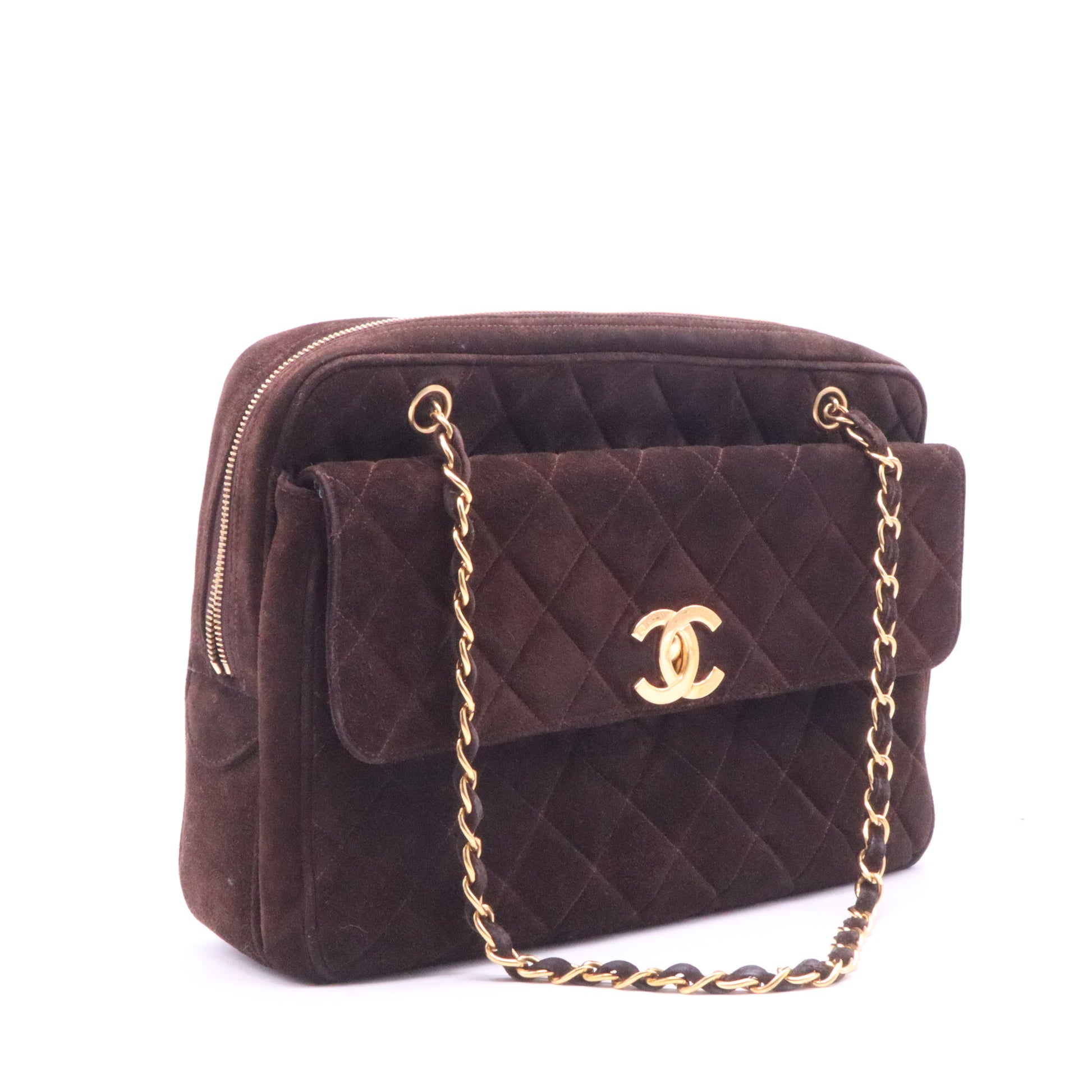 Chanel Vintage Front Pocket Camera Bag Quilted Suede Large Twins LDJ3981