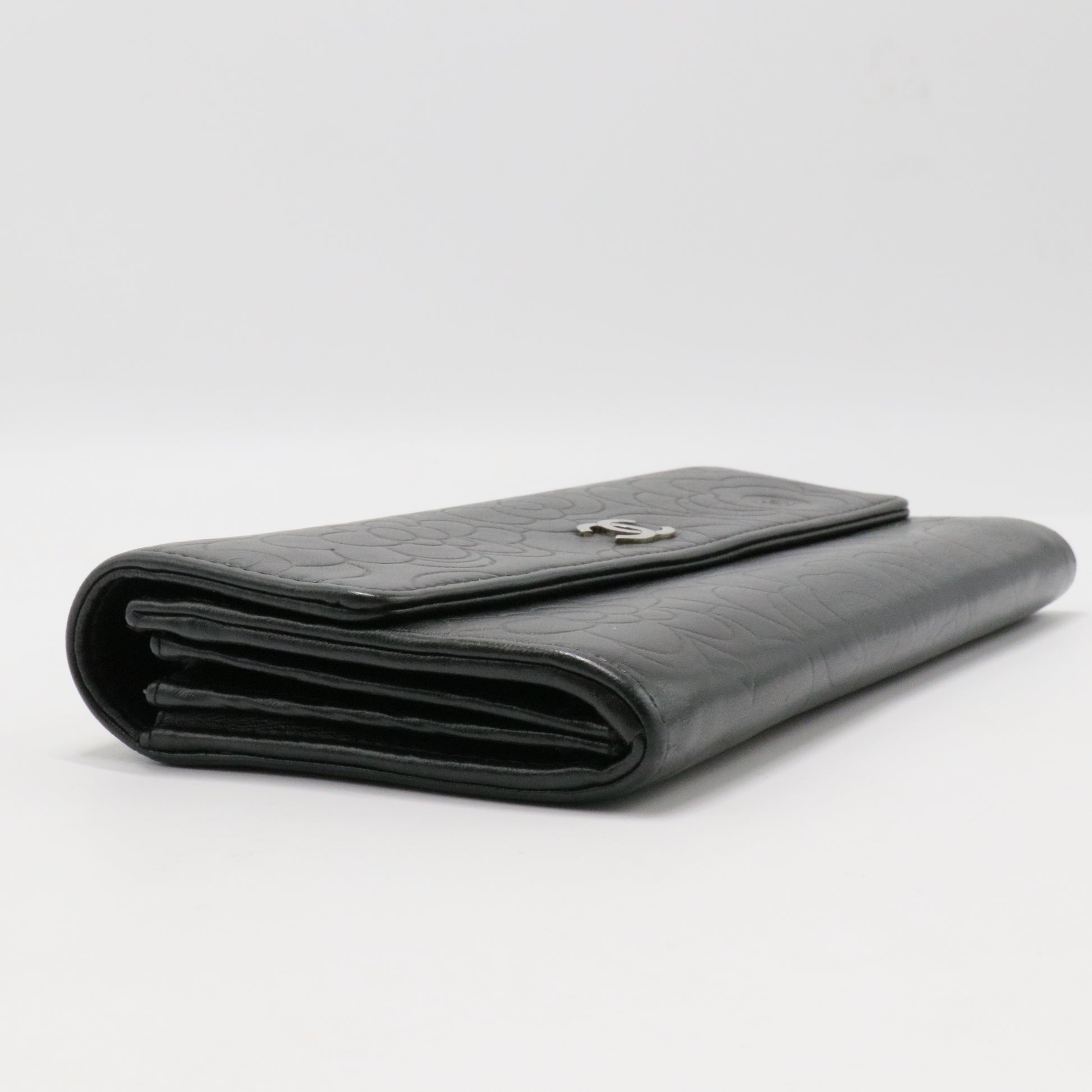 Lambskin Camellia Embossed Large Flap Wallet Black