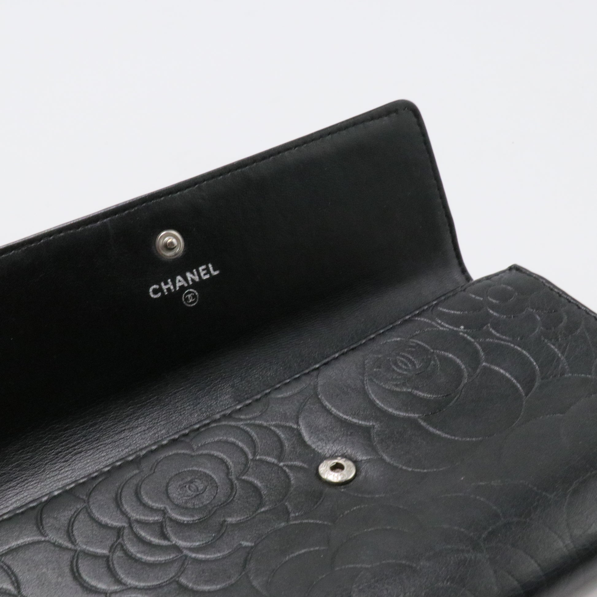 Lambskin Camellia Embossed Large Flap Wallet Black