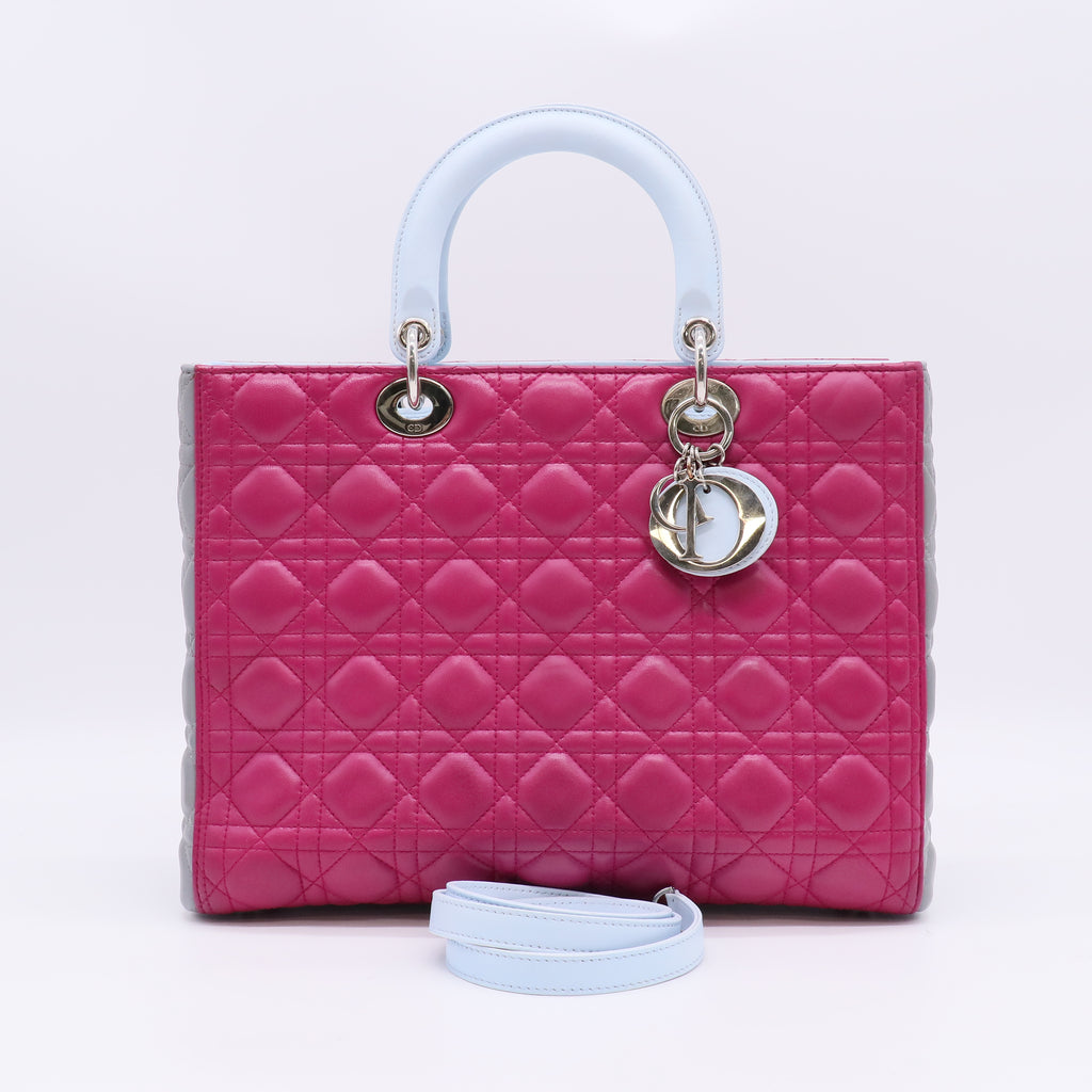 Christian Dior Lady Dior Tri-Color Large Lambskin Pink Grey Light Blue SHW twins B22460