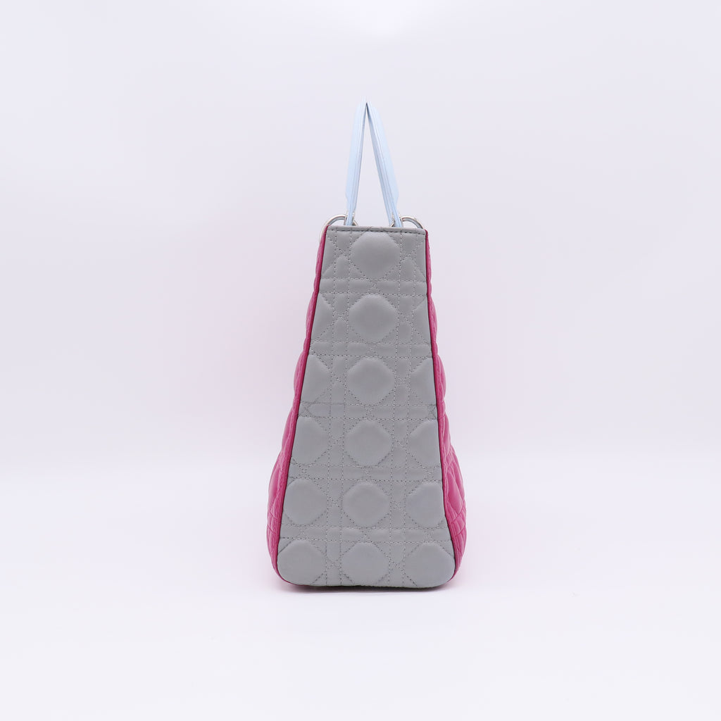 Christian Dior Lady Dior Tri-Color Large Lambskin Pink Grey Light Blue SHW twins B22460