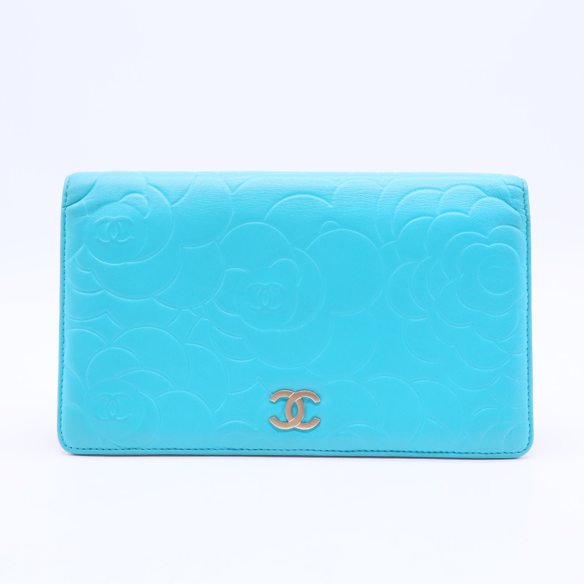 Blue Camellia Embossed Lambskin Leather L Yen Wallet W20159
