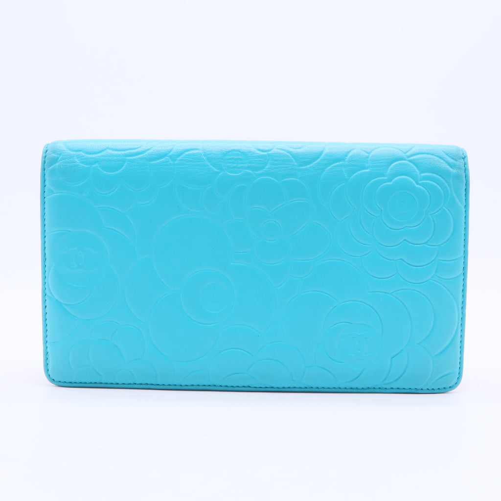Blue Camellia Embossed Lambskin Leather L Yen Wallet W20159