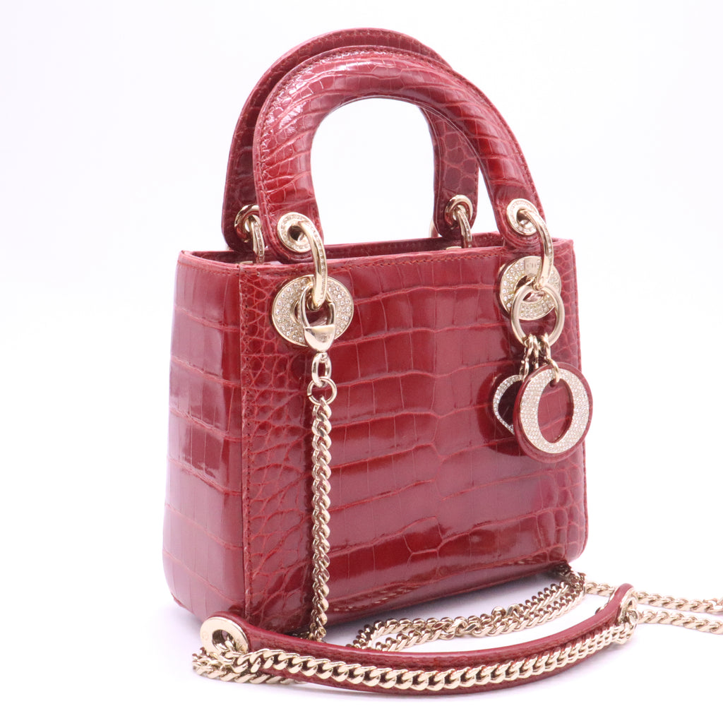 Christian Dior Red Crocodile Crystal Embellished Mini Lady Dior Bag w/ Strap Twins LDJ3980