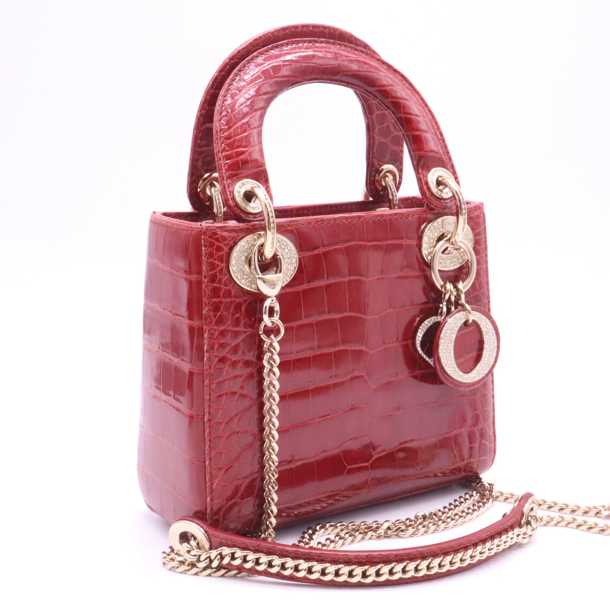 Christian Dior Red Crocodile Crystal Embellished Mini Lady Dior Bag w/ Strap Twins LDJ3980