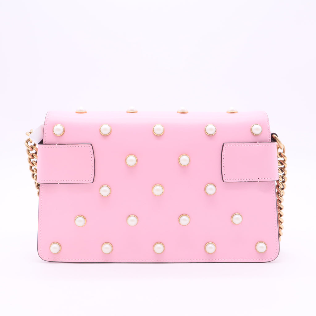 Gucci Pink Leather Pearl Studded Mini Broadway Bee Shoulder Bag