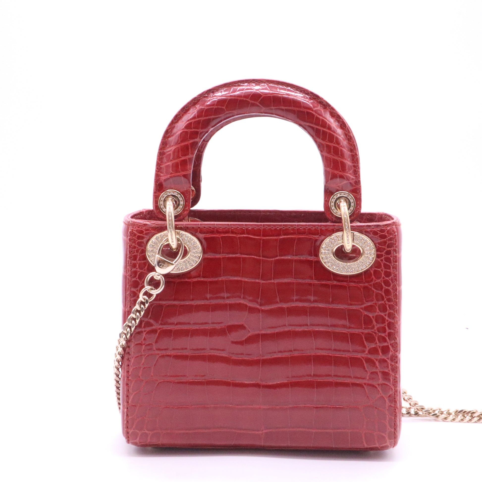 Christian Dior Red Crocodile Crystal Embellished Mini Lady Dior Bag w/ Strap Twins LDJ3980